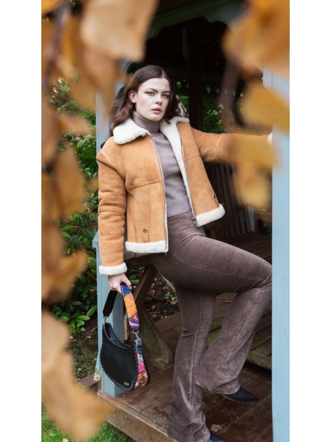 Agatha Suede Finish Zip Front Shearling Jkt
