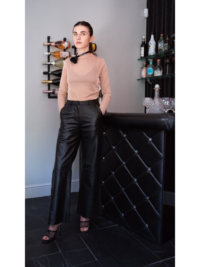Anna Wide Leg Raw Hem Leather Trousers 	