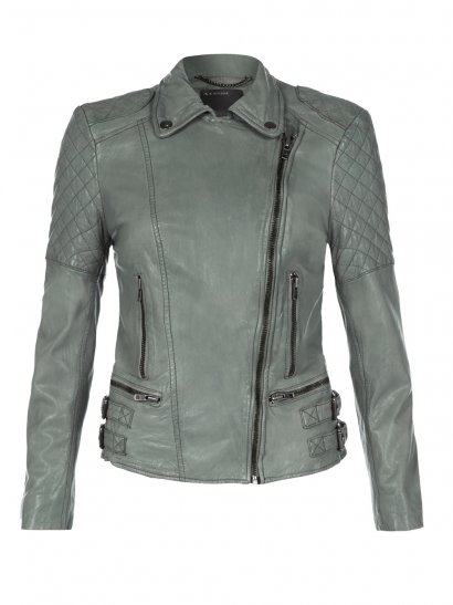 Rokel Green Grey Leather Biker Jacket