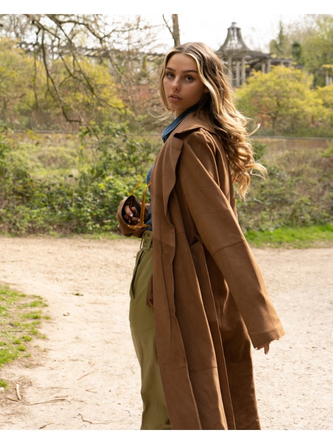 Tan Double Breasted Belted Suede Trench